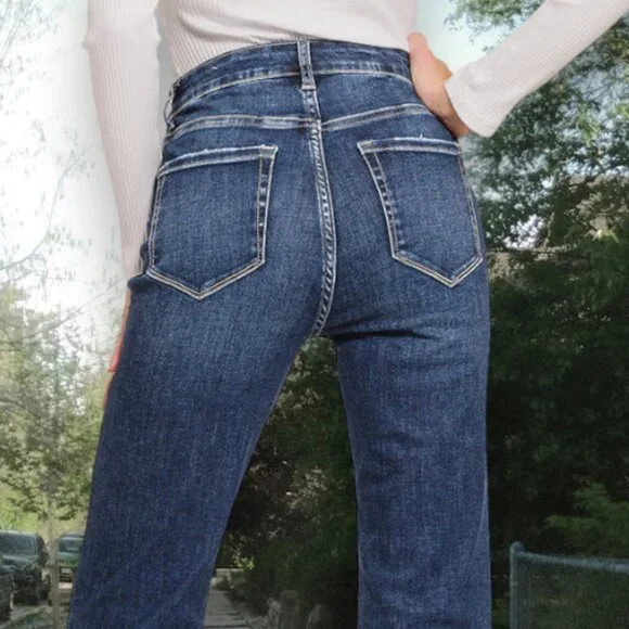 Zenana Super Stretch High Rise Bell Bottom Retro 70s Dark Wash Jeans - Picture 4 of 16